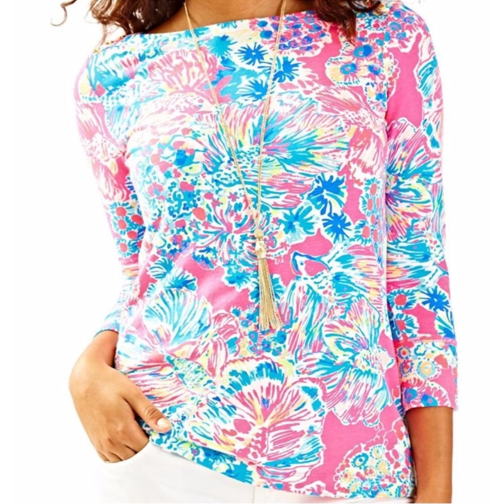 Lilly Pulitzer Pink Floral Boatneck 3/4 Sleeve Top with Gold Accents